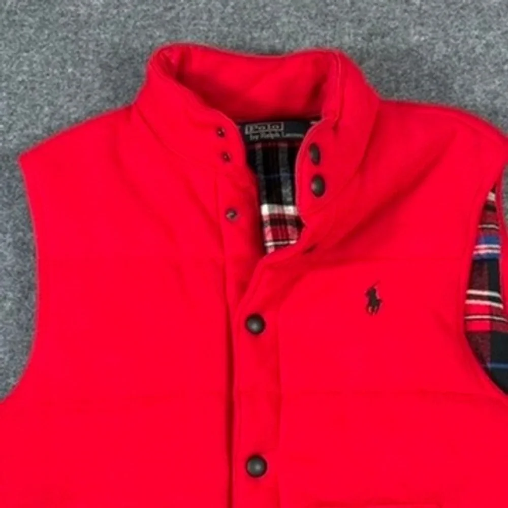 Polo Ralph Lauren Mens Red Quilted Puffer Vest Plaid Lining Snap Front Small